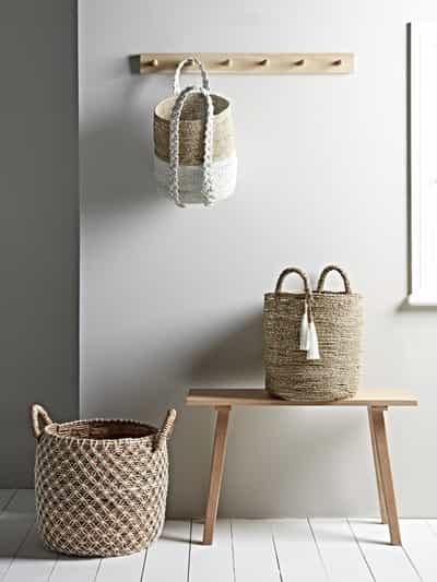 wicker baskets in hallway